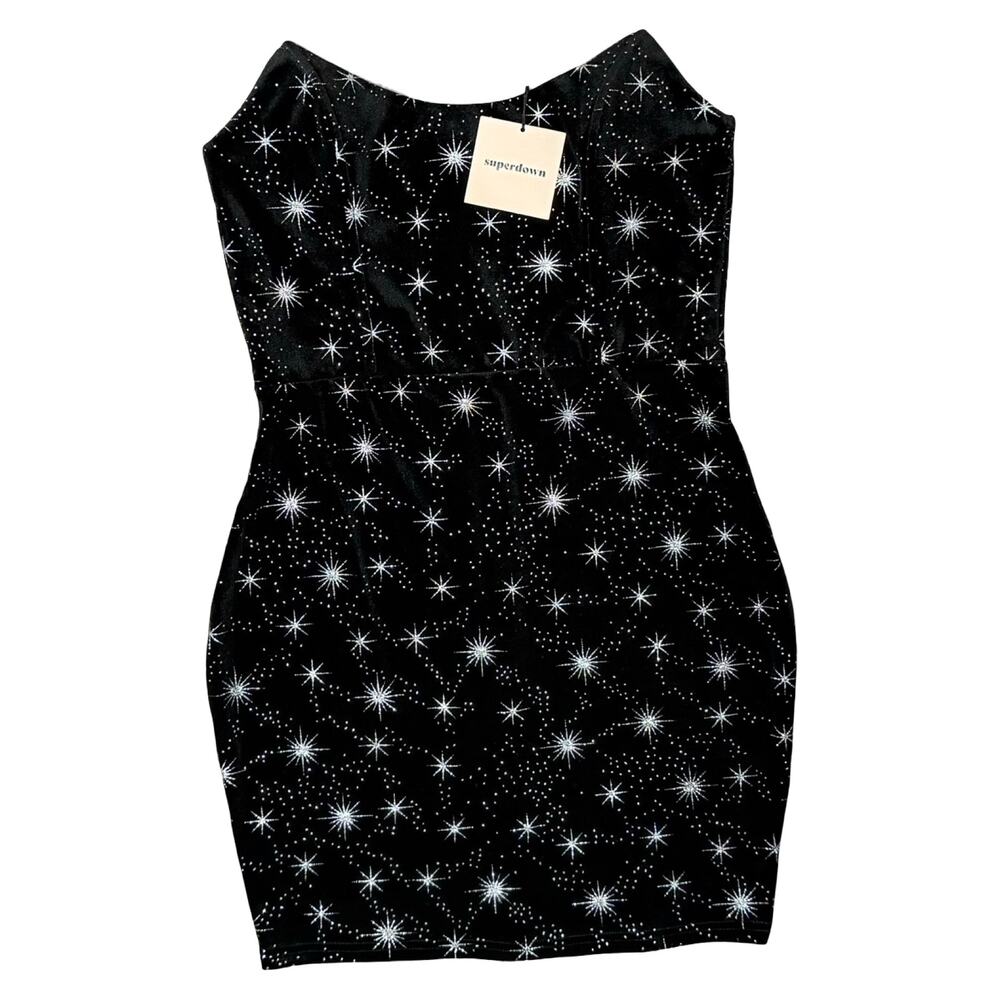 Superdown Black Silver Atomic Star Velvet Metallic Strapless Dress Sz M NEW Tags